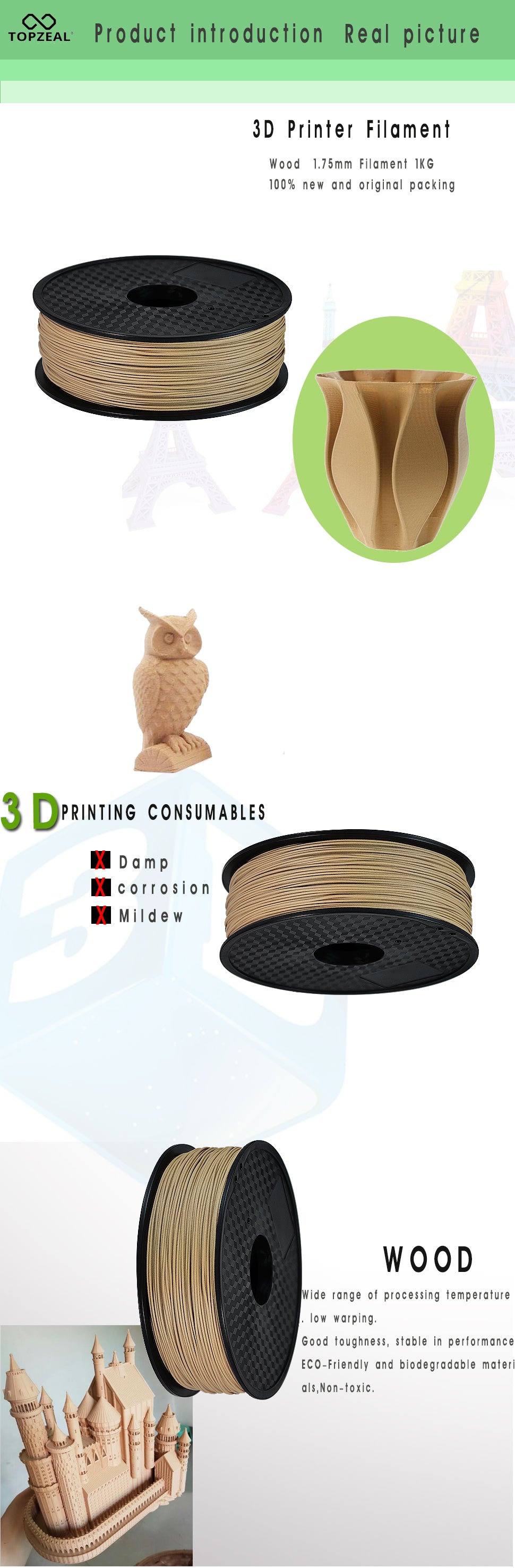 TOPZEAL PLA-Wood Filament for 3D Printer (1.75 mm, 1 kg/Roll)